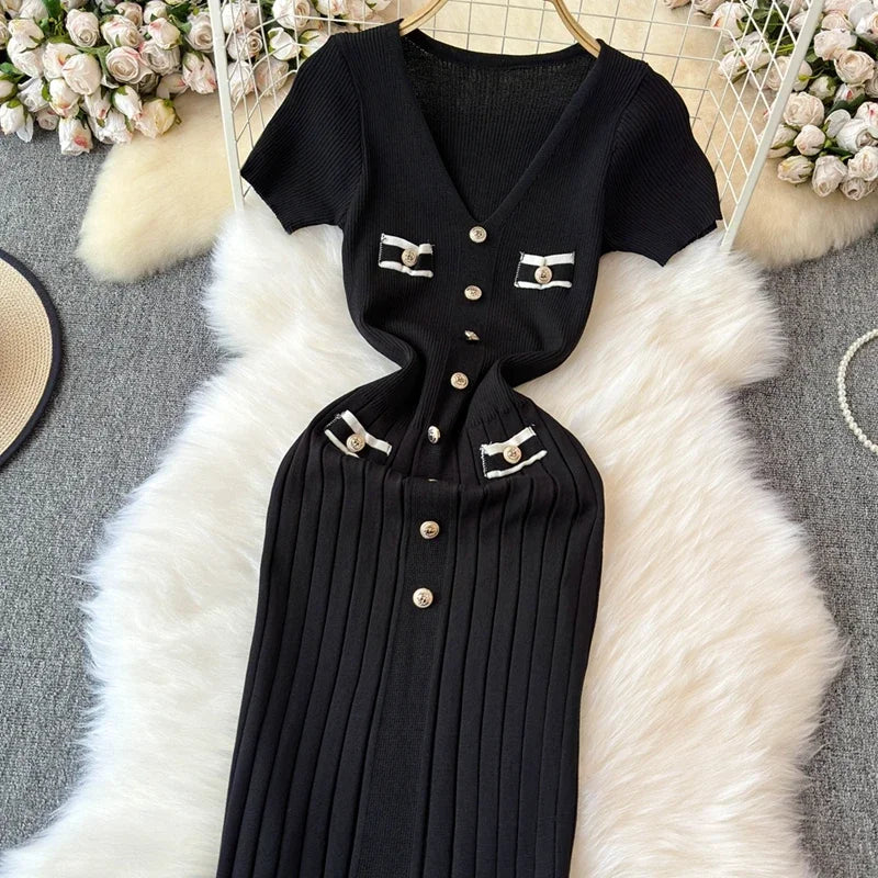 Elegant Knitted Long Dress Women Summer V Neck Single Breatsed Short Sleelve Bodycon Dresses Fashion Party Office Lady Vestidos - Seprincess