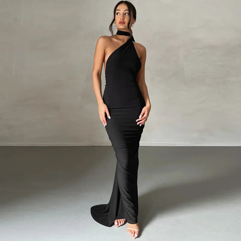 Womens Elegant Evening Party Cocktail Long Dress Sexy Backless Open Back Ruched Slim Bodycon Formal Wedding Guest Maxi Dress