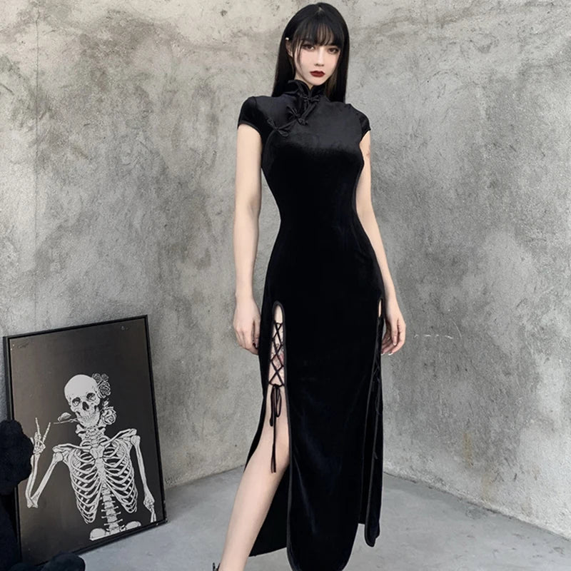 2024 Vintage Black Bandage Chinese Style Cheongsam High Split Velvet Dress Spring Retro Long Qipao Gothic Women Aesthetic Dress - Seprincess