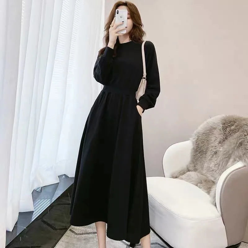 Women Long Sleeve Autumn Dress Casual Round Neck Elasticated Waist Korean Fashion Daily Wear Sweatshirts Dress Ladiea - Seprincess