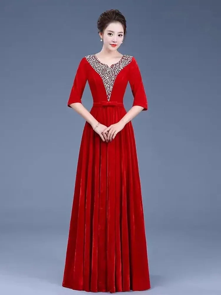 Golden Velvet Chorus Performance Dress New Year Eve Spring Festival Gala Women Chinese Slim Fit Mother Chorus Conductor Clothing - Seprincess