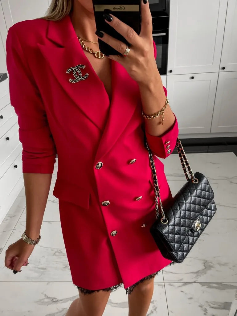 Office Lady Blazer Suit Dress Fashion Wrap V Neck Turndown Collar Sexy Mini Dress Women Long Sleeve Solid Blazer Party Dress - Seprincess