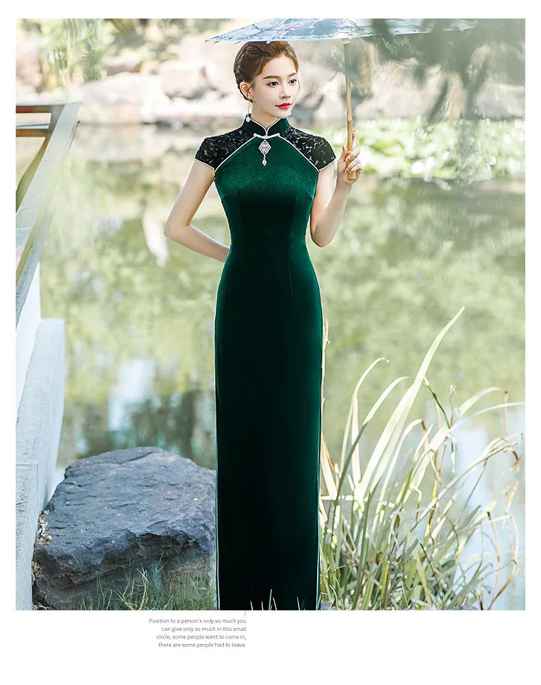 Elegant Lady Evening Party Dress Prom Gown Sexy Female Velour Cheongsams Chinese Mandarin Collar Qipao Side Split Oversized 5XL - Seprincess