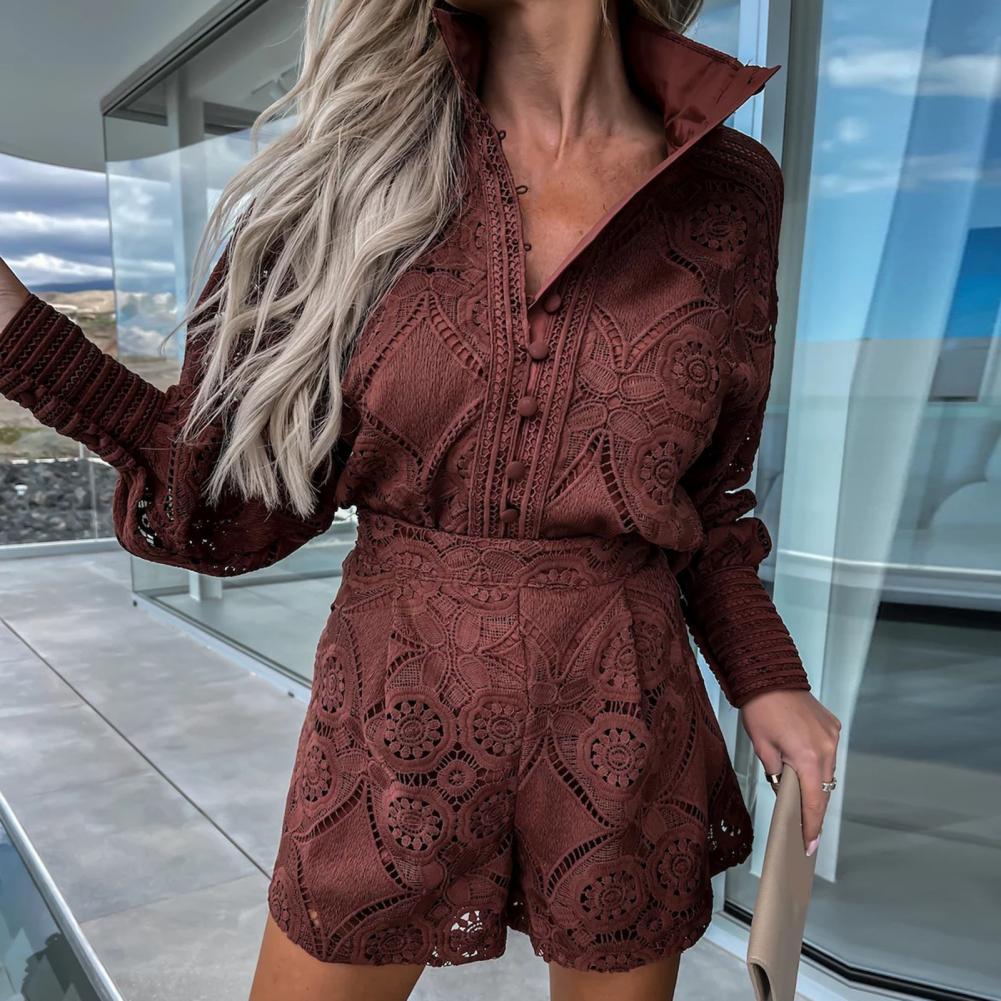 2Pcs/Set Women Outfit Blouse Long Sleeve Single Breasted High Waist Embroidery Hollow Lace Shirt Wide Leg Women Shorts Set - Seprincess