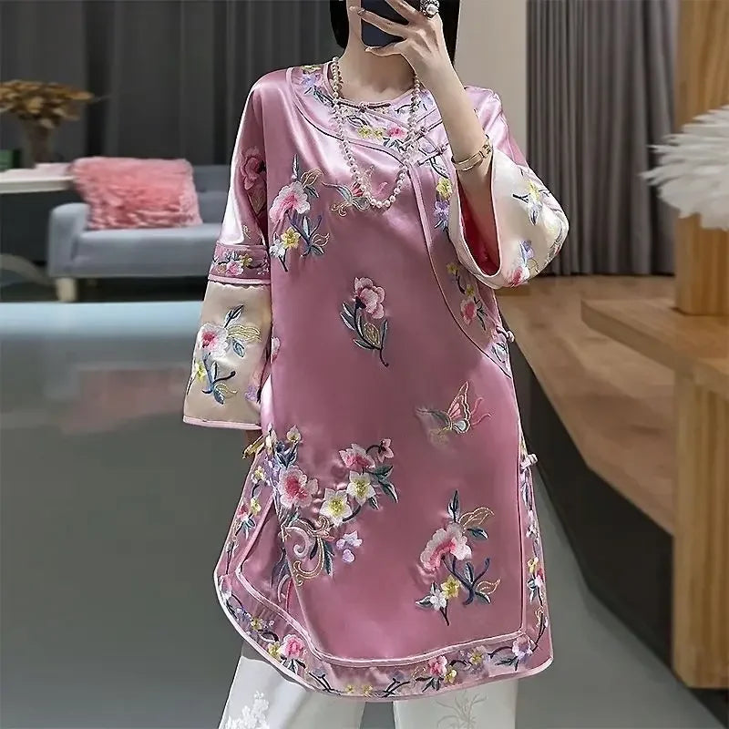 Chinese Traditional Women Qipao Dress Yellow Round Neck Three Quarter Sleeve Printed Cropped Cheongsam Women Evening Dresses - Seprincess