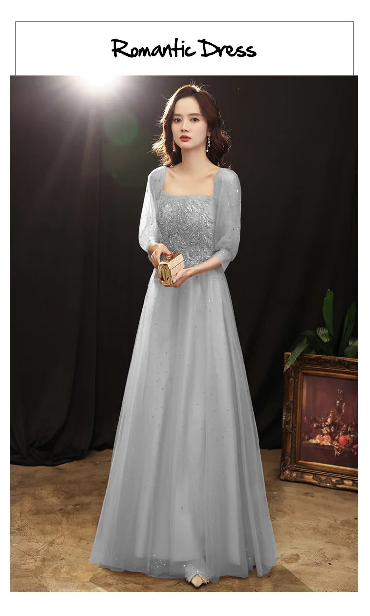 Grey Shining long lady girl women princess banquet party ballbridesmaid performance prom dress performance gown - Seprincess