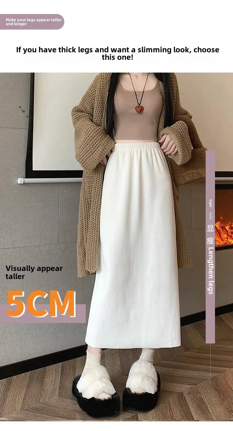 Thickened Fleece-Lined Corduroy Skirt Women's Autumn/Winter 2024 New Medium-Length A- Line Skirt With Side Slit High-Waisted