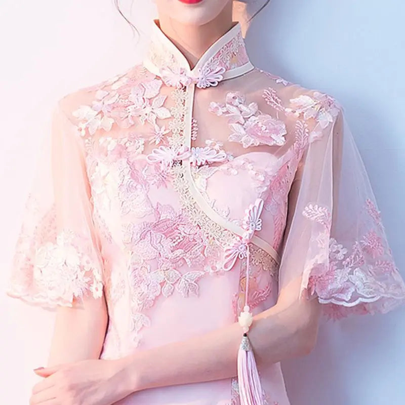 Pink Lace Embroidery A-Line Banquet Dresses Vintage Mandarin Collar Chinese Gown Cheongsam Skirt Wedding Party Dress Vestidos - Seprincess