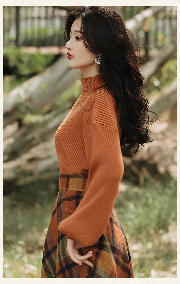 Women's Spring Autumn Vintage Plaid Long Skirts Sweater Two-Piece Set French Lady Graceful Knit Pullover High Waist Skirt Outfit - Seprincess