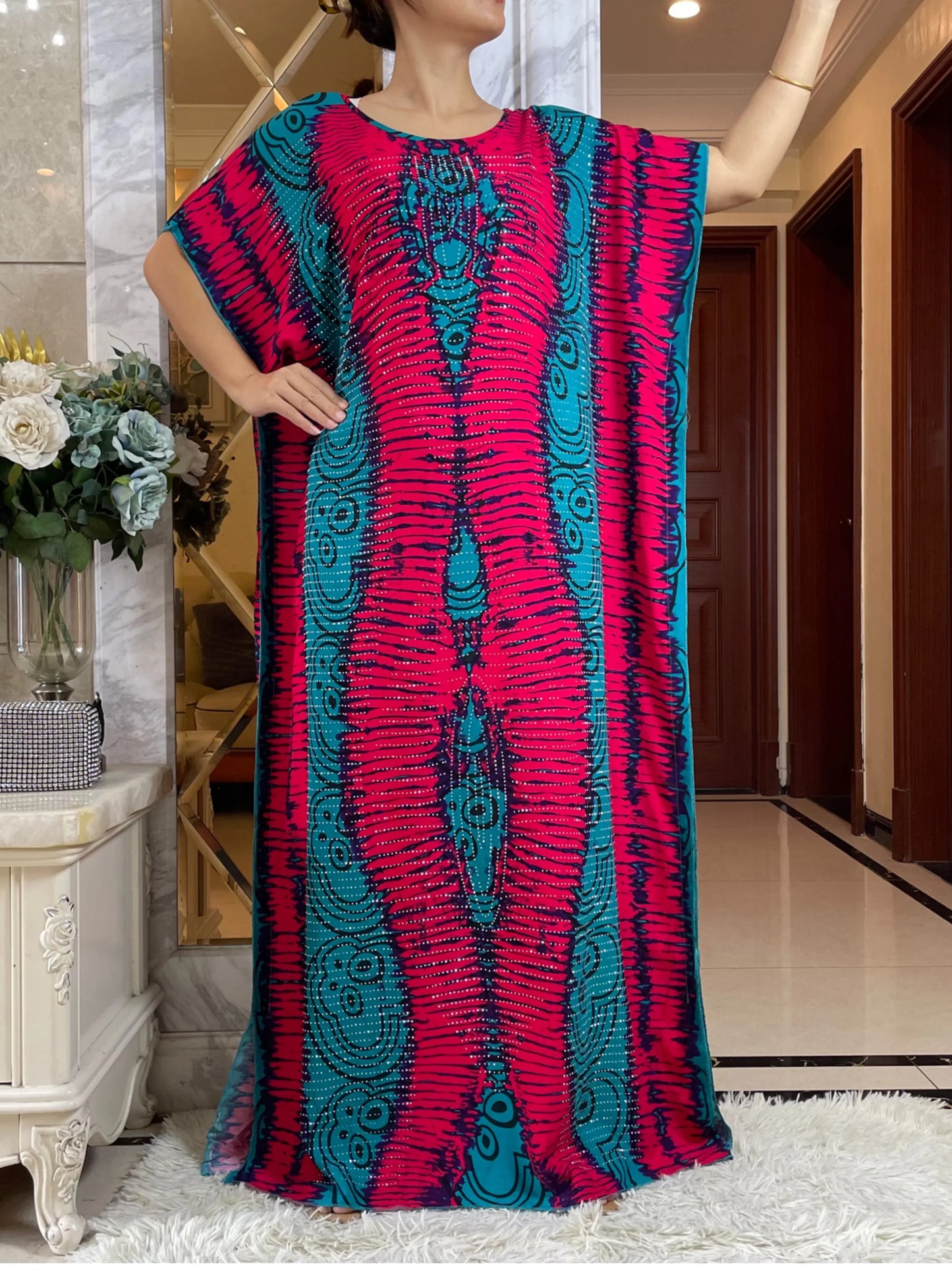 2 Pieces Set New Muslim Women Clothing Diamonds Design Cotton Floral Dashiki Long Dress Abaya Dubai Luxury Islamic Clothing - Seprincess