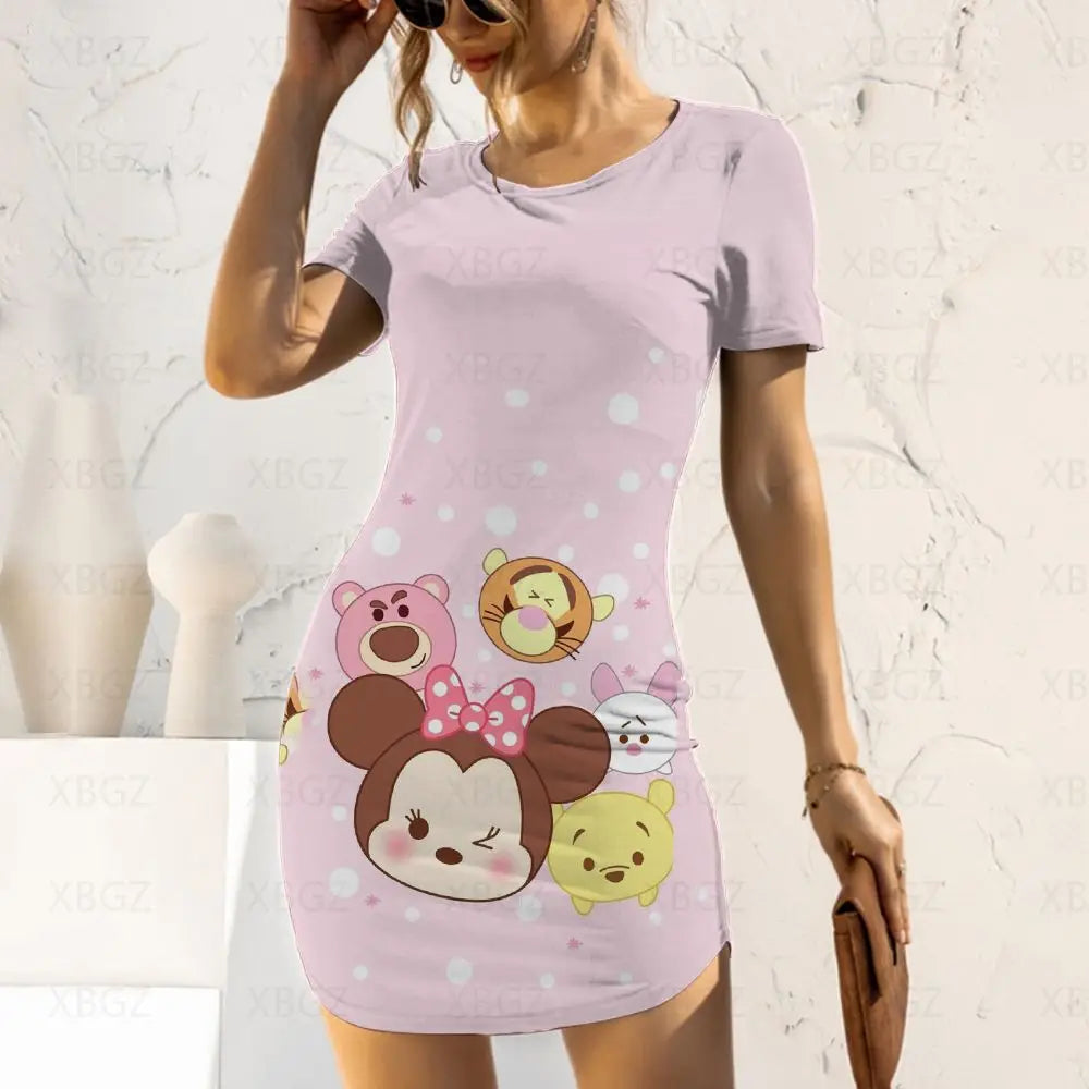 Disney Fashion Casual Elegant Dresses for Women 2024 Women's Dress Mickey Tight Minnie Mouse Cartoon Sexy Print Slim Fit Summer - Seprincess