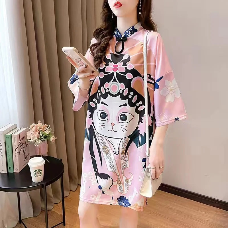 Chinese Fashion Print Dress Women Summer Long Sleeve National Style Cheongsam 2022 Modern Improve Vintage Elegant Loose Qipao - Seprincess