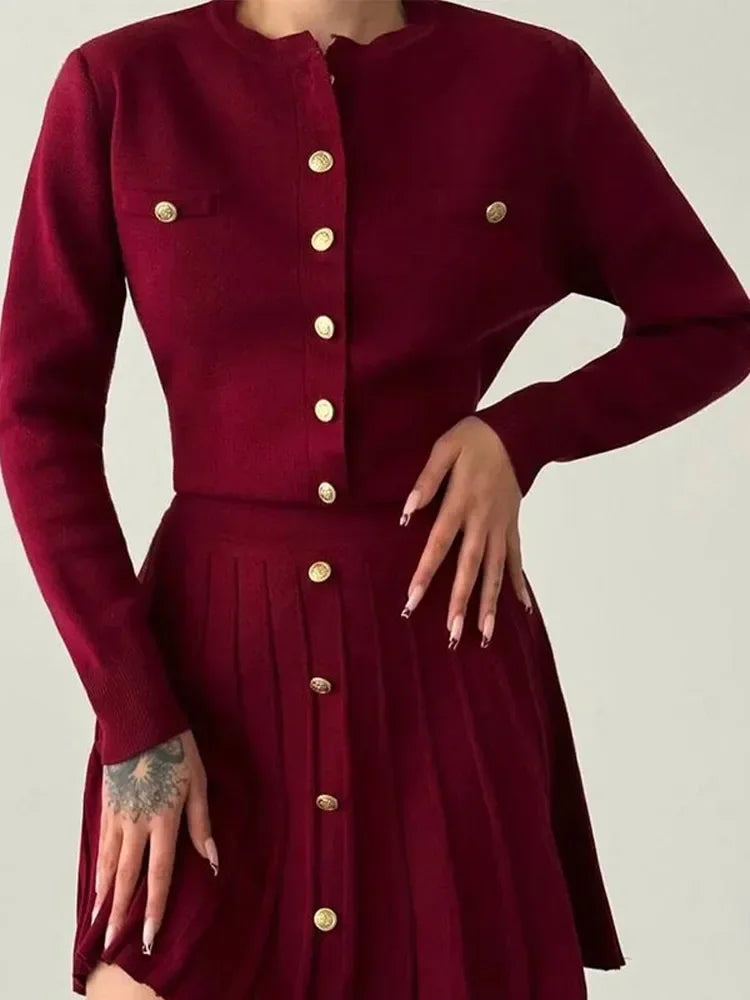 Chic Burgundy Pearl Buckle Women Mini Skirts Set Elegant Long Sleeve Knitted Cardigan Suits 2024 Female Commuting Street Outfits - Seprincess