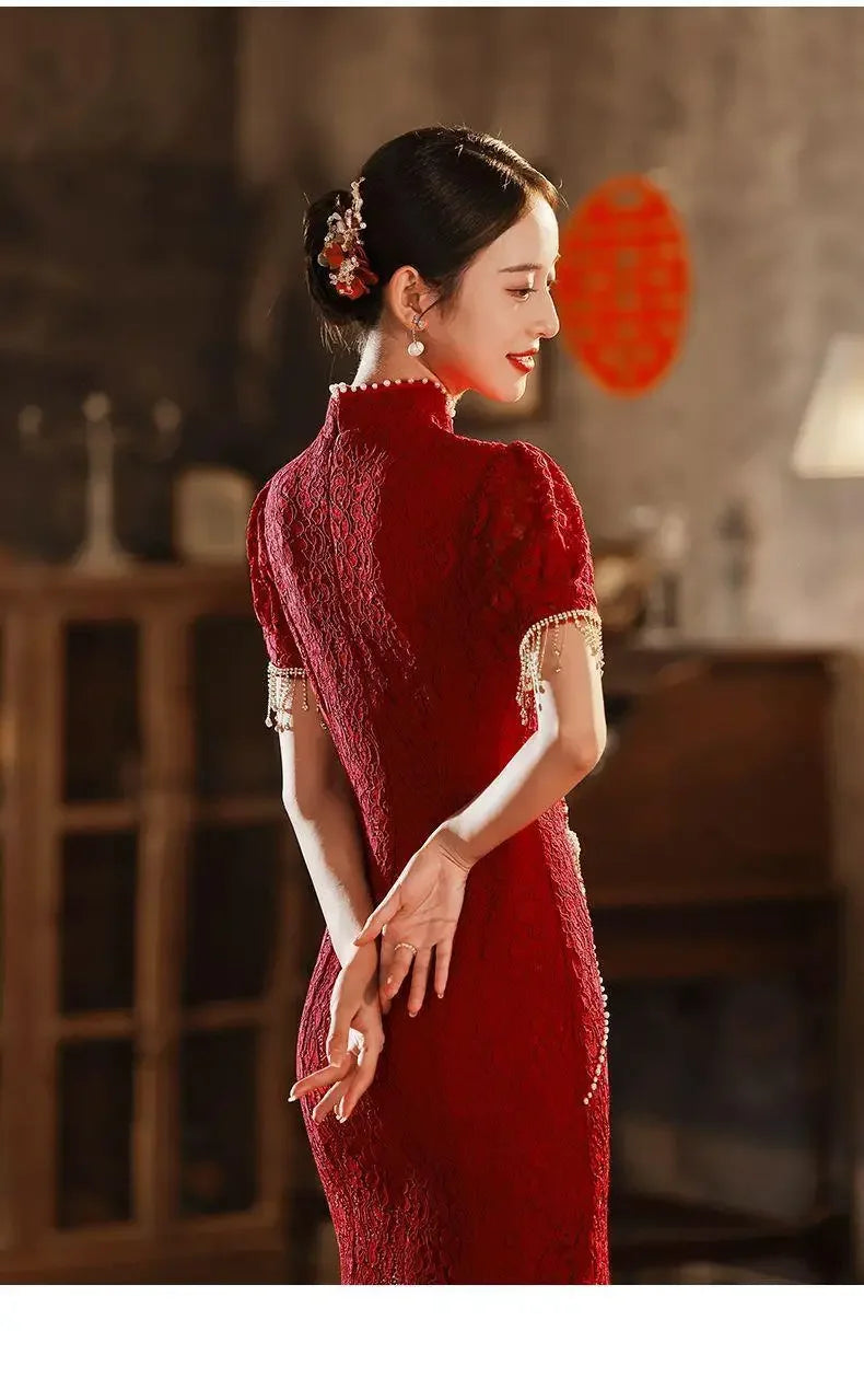 Mermaid Chinese Traditional Dress Red Wedding Bride Toast Clothing Sexy Ladies Cheongsam for Evening Party Woman Vintage Qipao - Seprincess