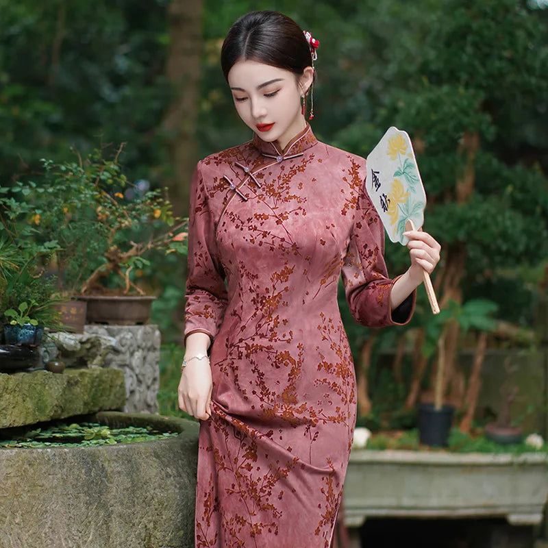 New 5 Color Women Cheongsam Improved Winter Plus Size Dress Chinese Traditional Evening Dresses Long Qipao Costume - Seprincess