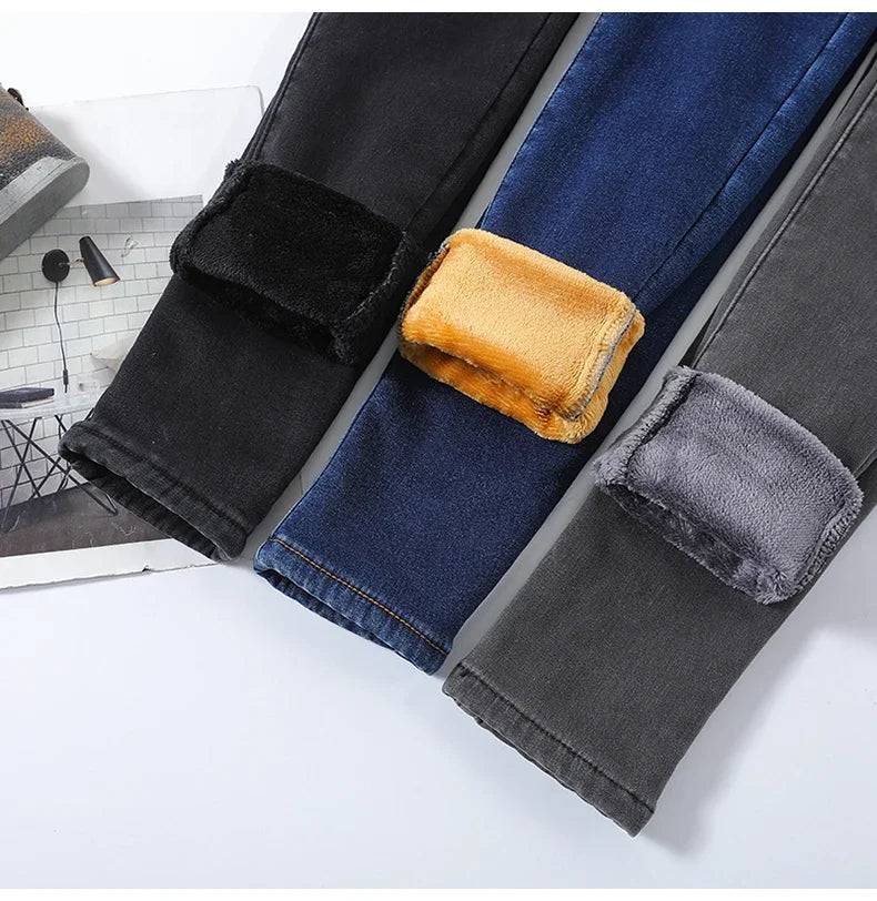 Skinny Women's Warm Jeans Winter Thicken Fleece Stretch High Waist Pencil Pants Fashion Korean Black Blue Gray Velvet Leggings