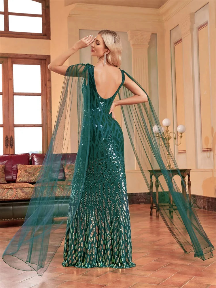 XUIBOL Luxury Arabia Long Sleeve Green Sequins Evening Dress Women 2024 Female Guests Wedding Party Floor-Length Cocktail Prom - Seprincess