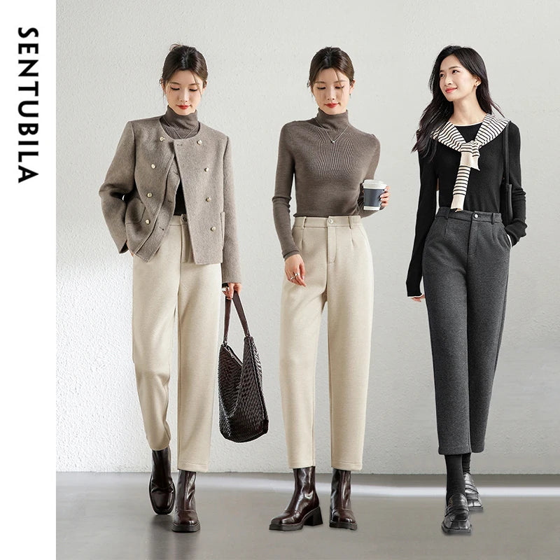 SENTUBILA Straight Wool Knitted Pants Women 2024 Winter Slim Fit  Thick Warm High Waist Ankle Knee-length Pencil Pant 144K56342