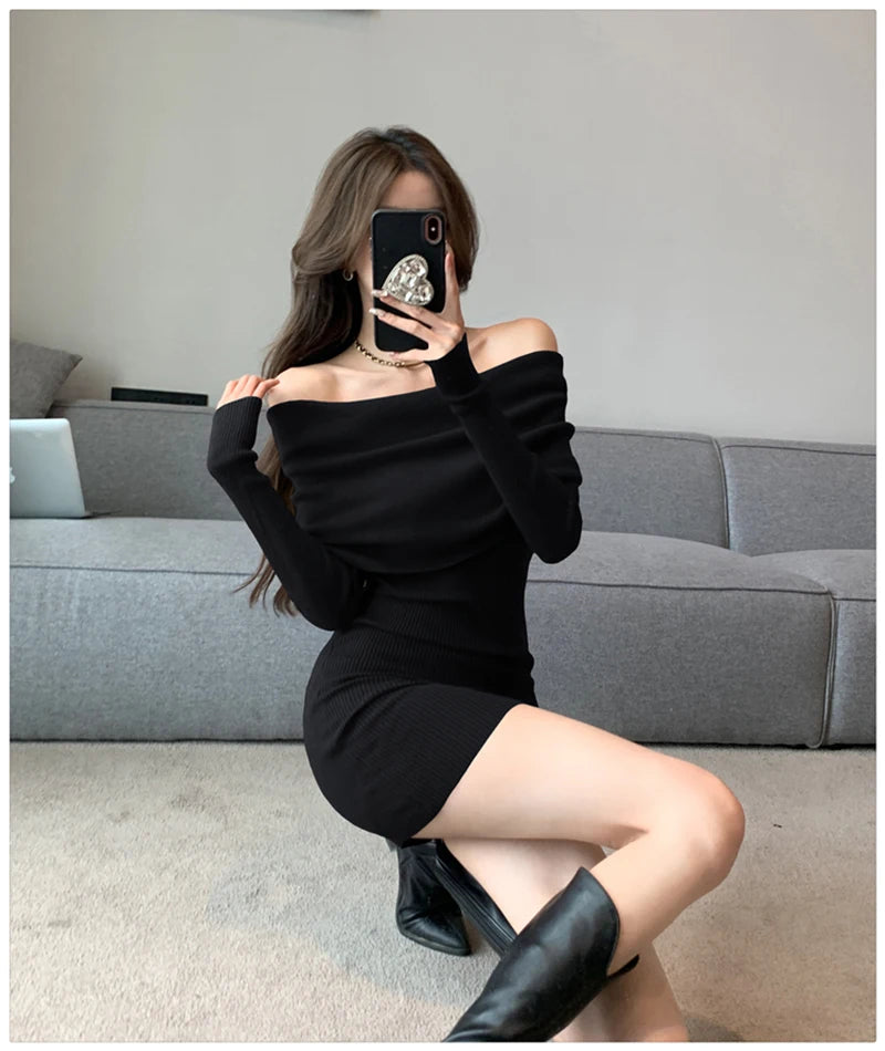 Sexy Slash Neck Mini Dress Women Vintage Elegant Black Wrap Sweater Dresses Winter Korean Red Off Shoulder Bodycon Vestidos New - Seprincess