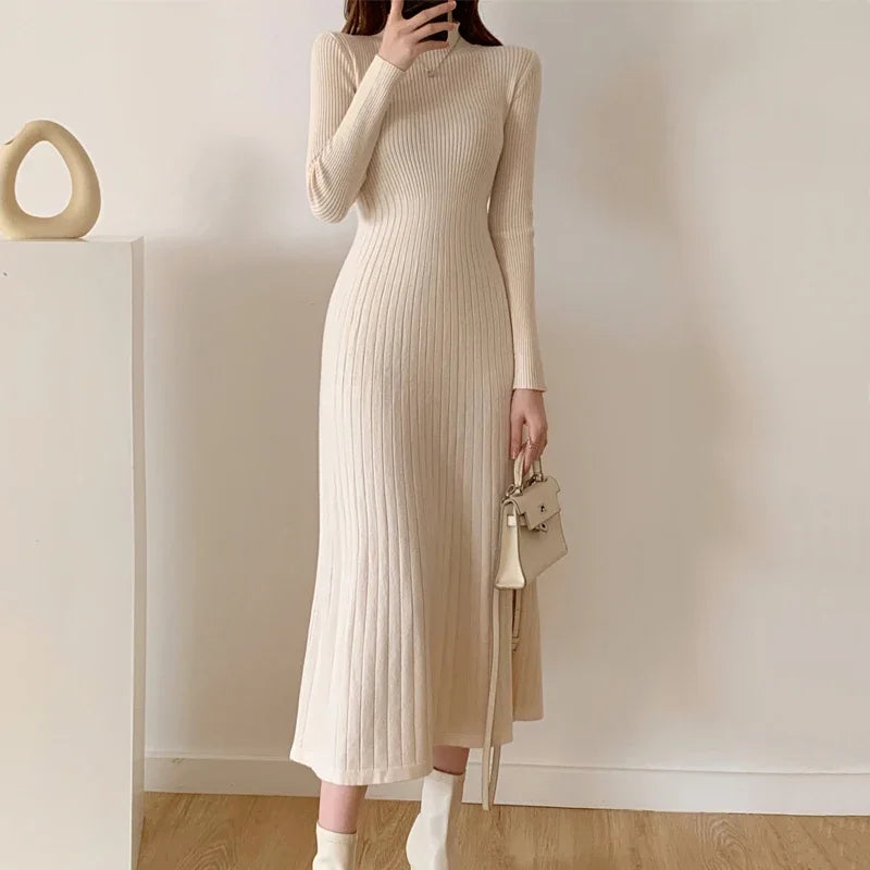 Autumn Winter 2024 Slim Long Sleeve Party Midi Dress for Women Knitted Half High Collar Elegant Knitted Sweater Dresses Ladies - Seprincess