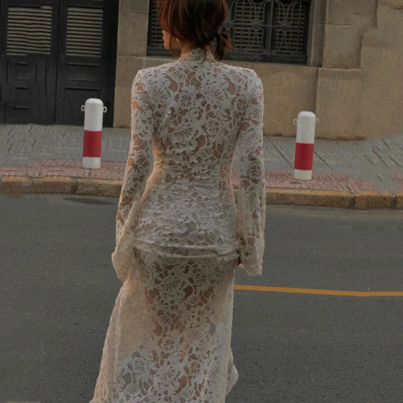 Sexy White Lace Printed Maxi Dress For Women See-Through Hollow Out Full Sleeve V Neck Slit Slim Long Dress Party Club Outfit - Seprincess