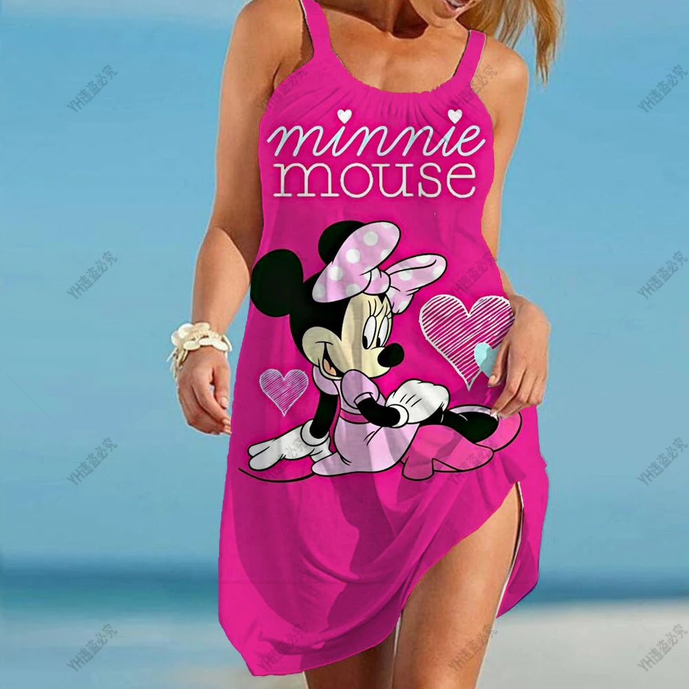 2024 New Big Swing Off Shoulder Loose Sundress S-3xl Summer Dresses Disney Mickey Mouse Strap Beach Dress For Women - Seprincess