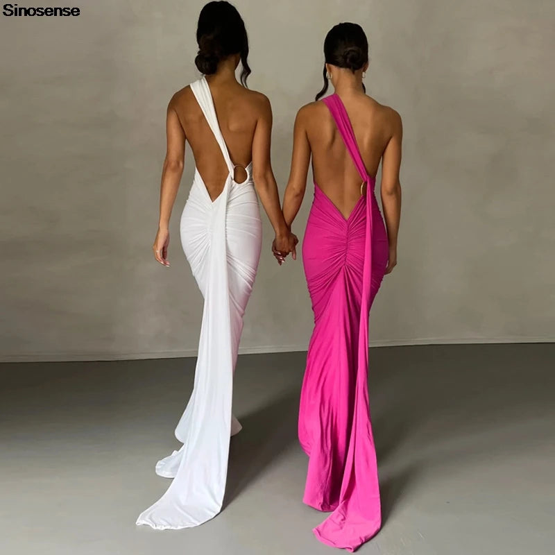 Womens Elegant Evening Party Cocktail Long Dress Sexy Backless Open Back Ruched Slim Bodycon Formal Wedding Guest Maxi Dress - Seprincess