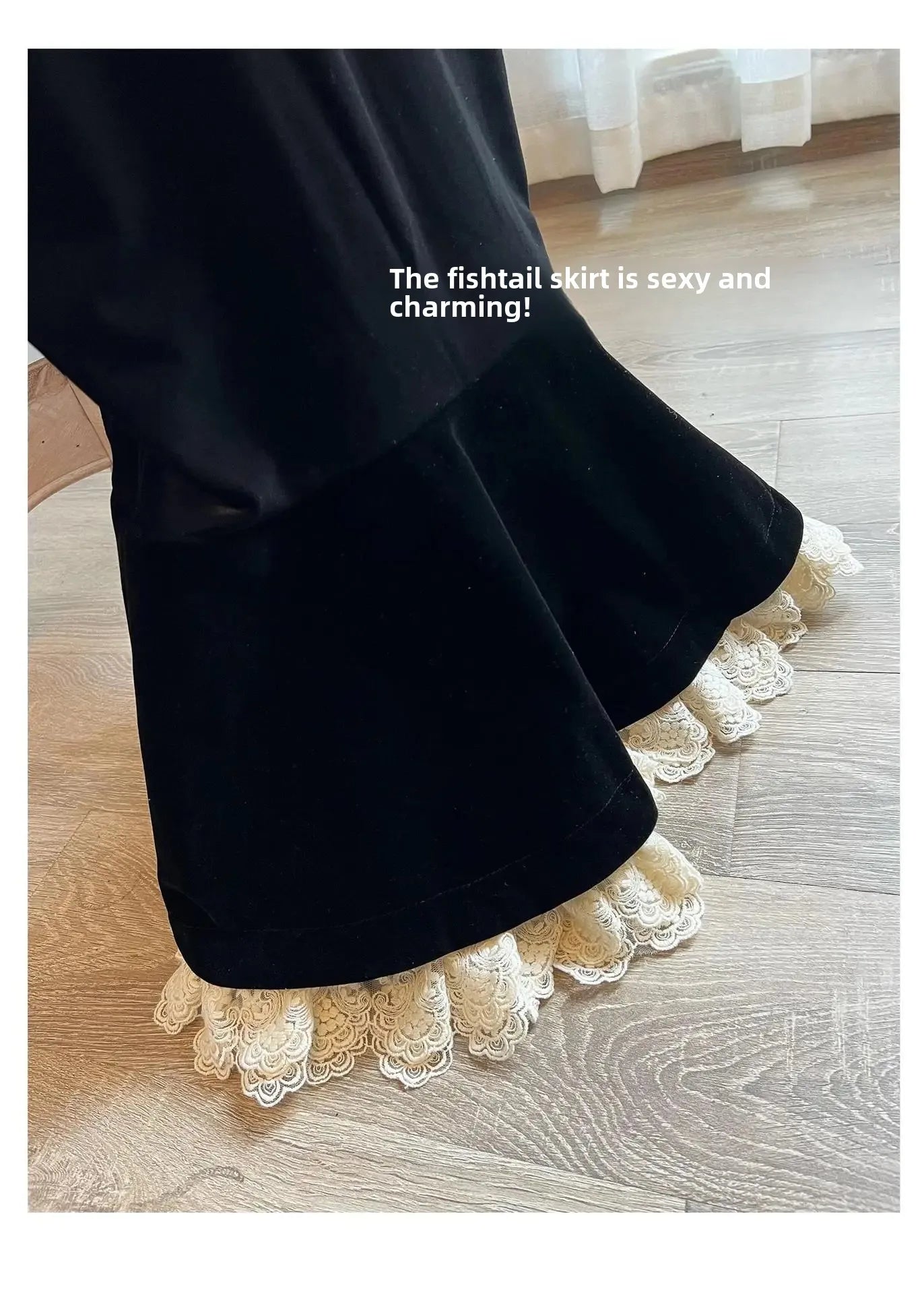 Elegant French Haban Style Fish Tail Skirt Spring Autumn Soft High Class Square Collar Long Sleeve Black Velvet Long Dress - Seprincess