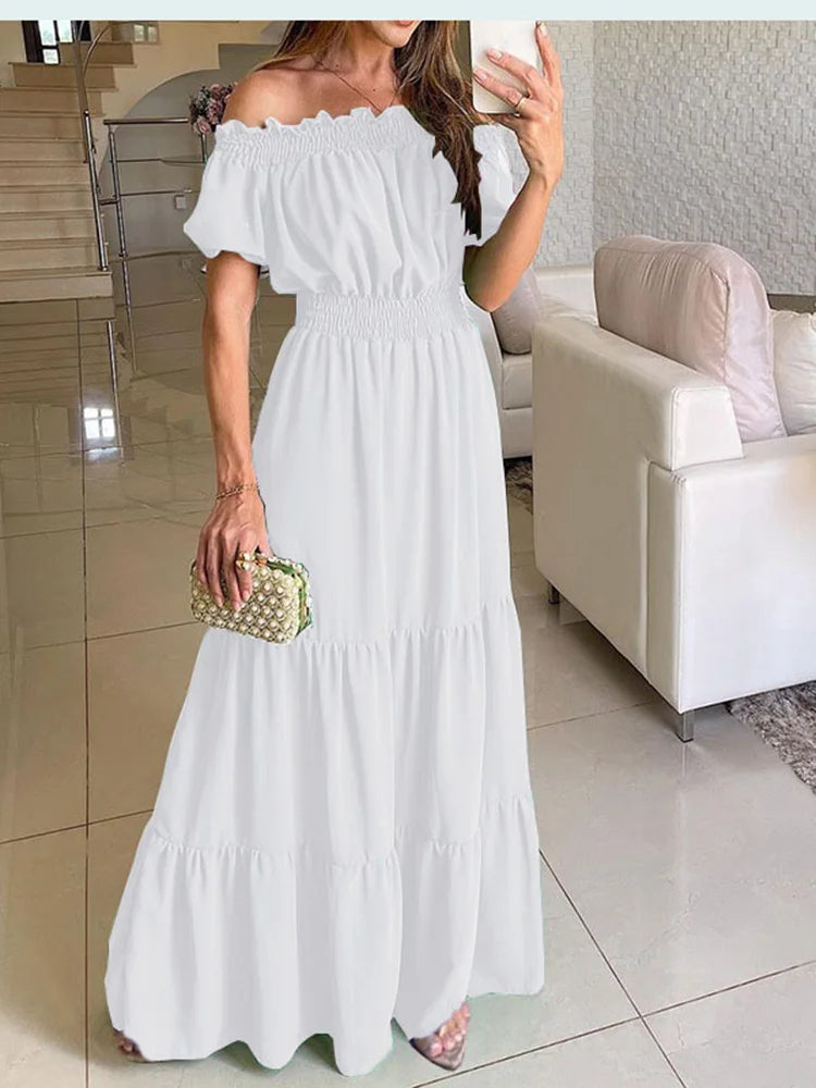 2024 Summer Solid Boho Dress Women Fashion Elegant Beach Party Dress Casual Slash Neck Office Maxi Dresses For Woman Robe Femme - Seprincess