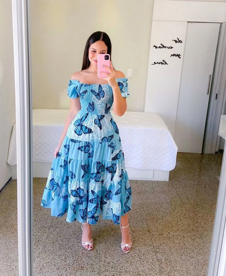 Elegant Women's Off Shoulder Midi Dress 2024 Summer Fashion dresses High Waist Flower Print Short  Sleeve Dress Robe Clothing - Seprincess