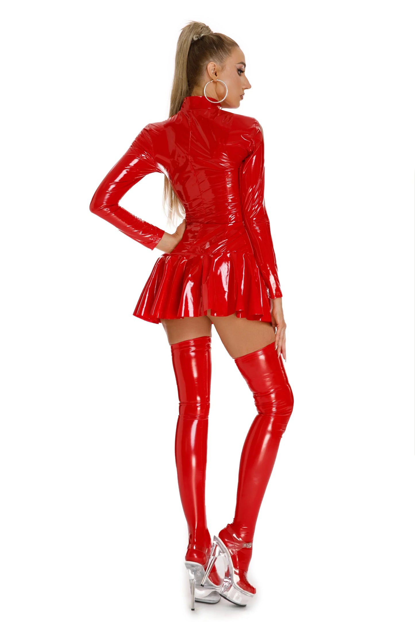 Female Red Glossy Leather Sheath Umbrella Dress Erotic Shiny Latex Bodycon Zipper Wetlook PU Pleated Dress Pluse Size Sexi - Seprincess