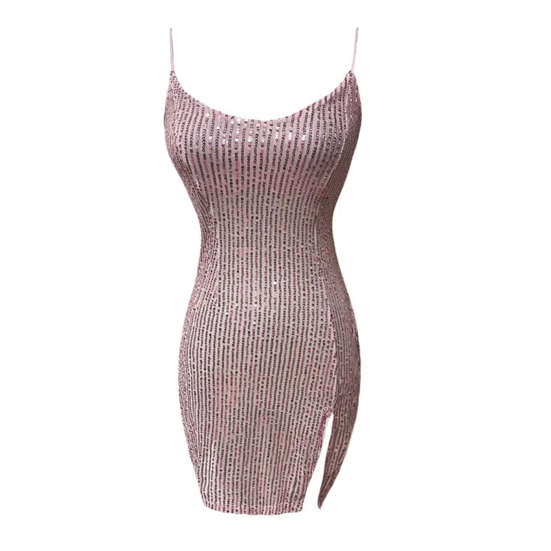 Sexy Spicy Girl Nightclub transparent Pink Sequin Low cut V-neck Short Slim Dress elegant Spice Girls nightclub 2024 new A2KX - Seprincess