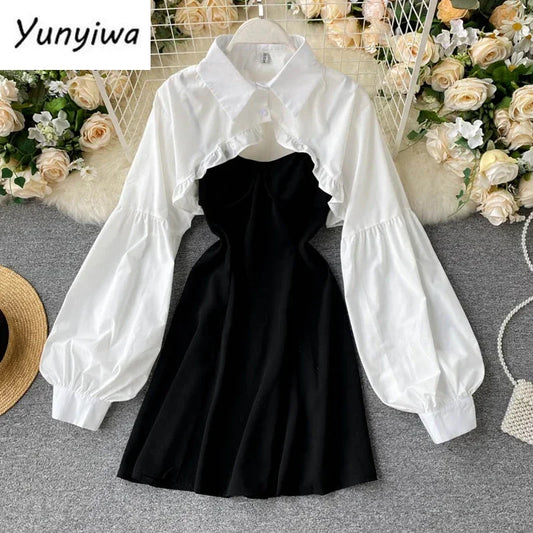 Autumn Women Sexy Black Spaghetti Strap Dress and White Long Sleeve Blouses Crop Tops Korean Fashion Mini Vestidos - Seprincess