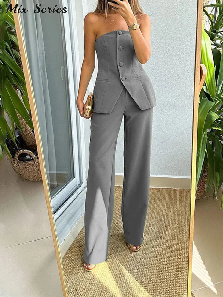 Sexy Stapless Top Pants Set Women Solid Single Breasted Tops High Waist Wide Leg Pant 2024 Summer Autumn Lady Elegant Outfits - Seprincess