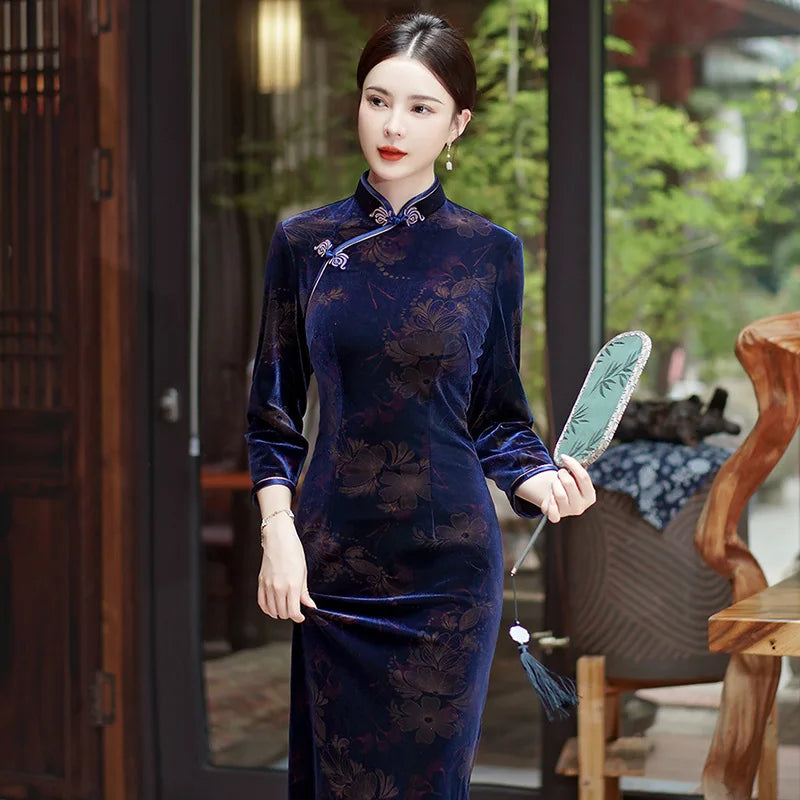 Women Flocking Cheongsam Improved Winter Plus Size Dress Chinese Style Evening Dresses Show Long Qipao Costume 4 Color - Seprincess