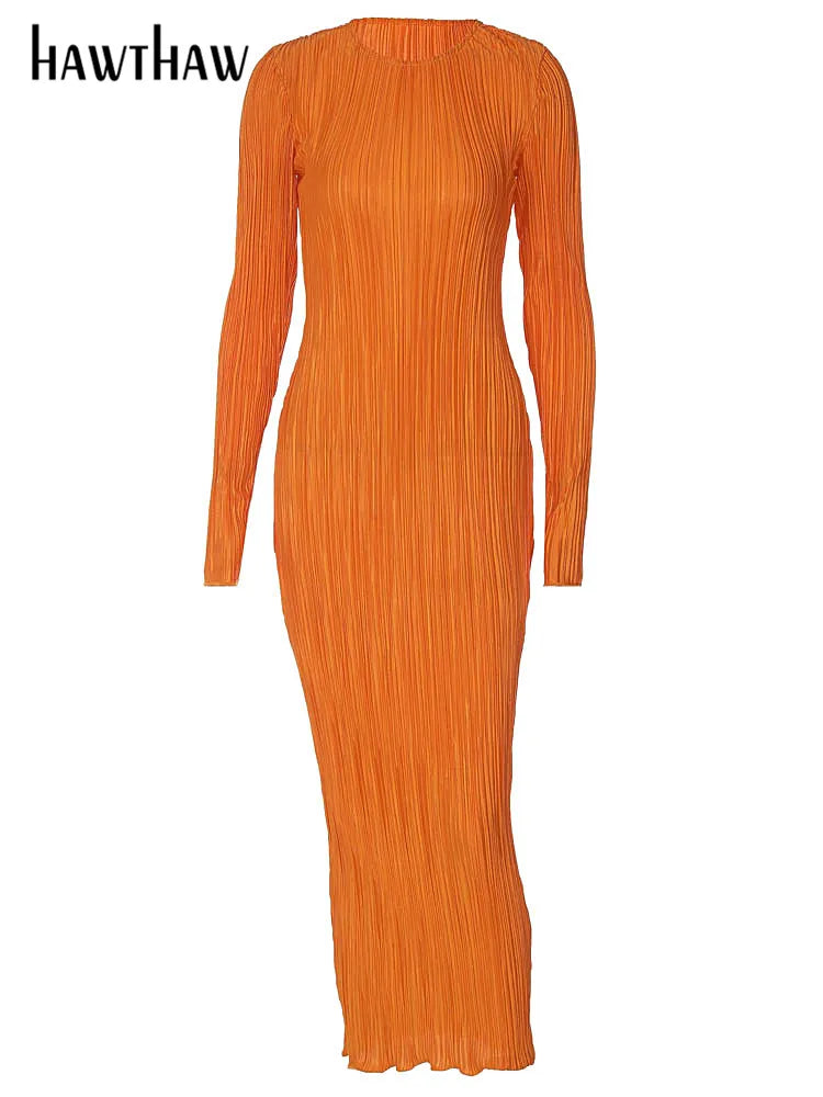 Hawthaw Women Fashion Long Sleeve Streetwear Bodycon Orange Midi Dress 2022 Autumn Clothes Wholesale Items For Business - Seprincess