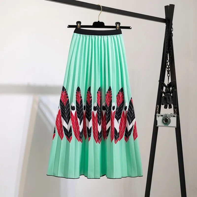 2024 Summer Women Cartoon Print Pleated Skirts A Line High Waisted Elastic Midi Long Skirt Ladies Party Korean Style Dresses - Seprincess