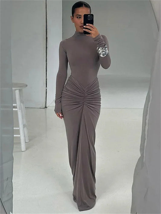 Tossy Pleated Fashion Patchwork Long Dress Women's High Waist Long Sleeve Solid Slim Party Dress Summer 2024 Female Maxi Dress - Seprincess