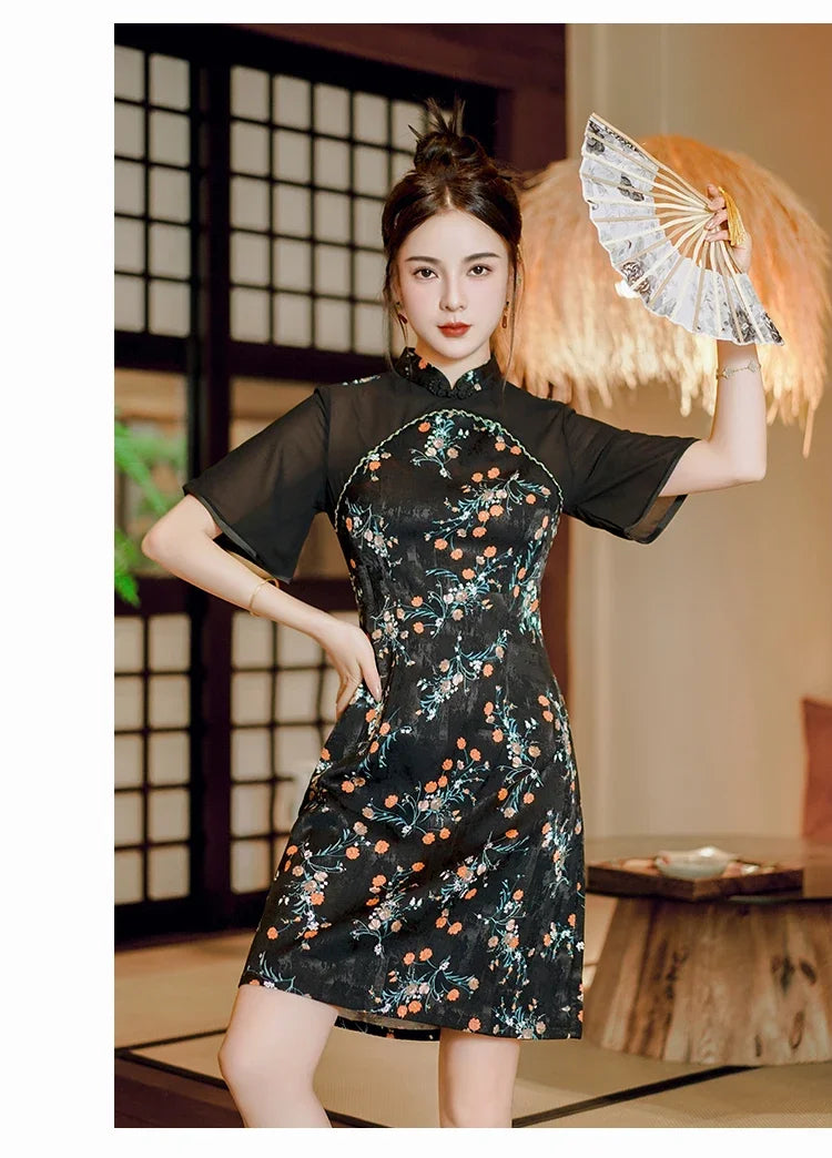 Modern Improved New Traditional Chinese Short Sleeve Cheongsam Sexy Black Floral Stitching Qipao Dress - Seprincess