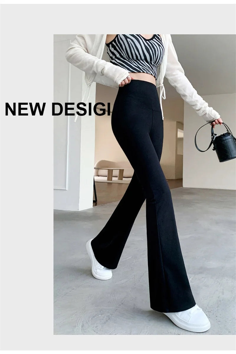 Women High Waist Flare Pants Winter Plush Warm Skinny Slimming Micro Horn Trousers Shark Pant Elegant Office Ladies Tights Y2k