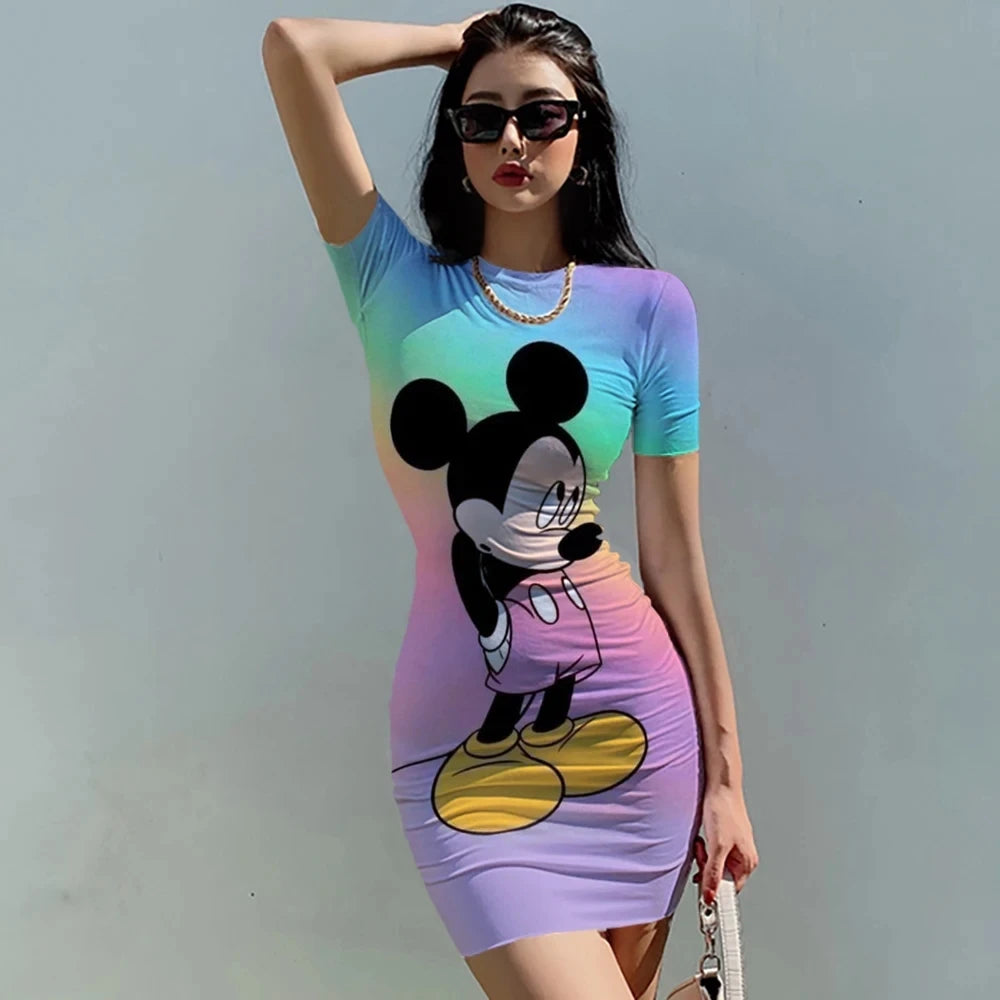 Women's Mickey Mouse print patchwork fashionable knee length O-neck dress, tight fitting summer sexy women's clothing - Seprincess