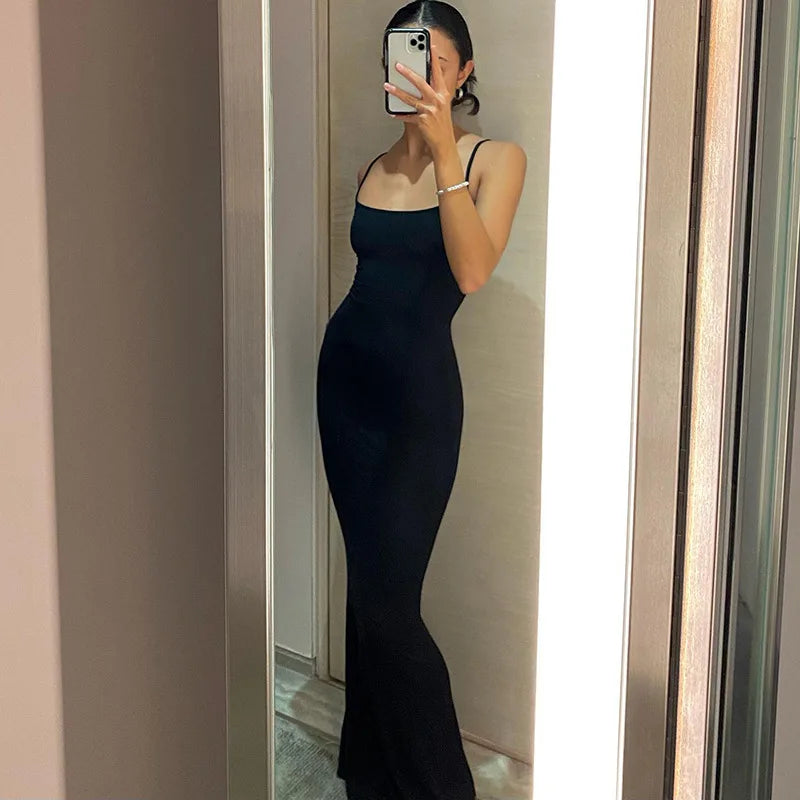 2024 Summer Dresses For Women Sexy Spaghetti Strap Black Long Dress Y2k Sleeveless Solid Skinny Bodycon Trumpet Maxi Vestidos - Seprincess