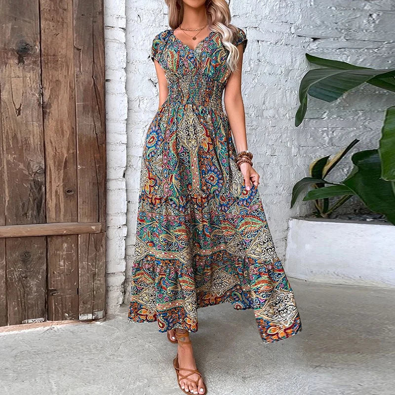 Women Vintage Print Long Dress 2023 Summer Sexy V Neck Short Sleeve A-line Dress Female Elegant Elastic Waist Maxi Dresess Robe - Seprincess