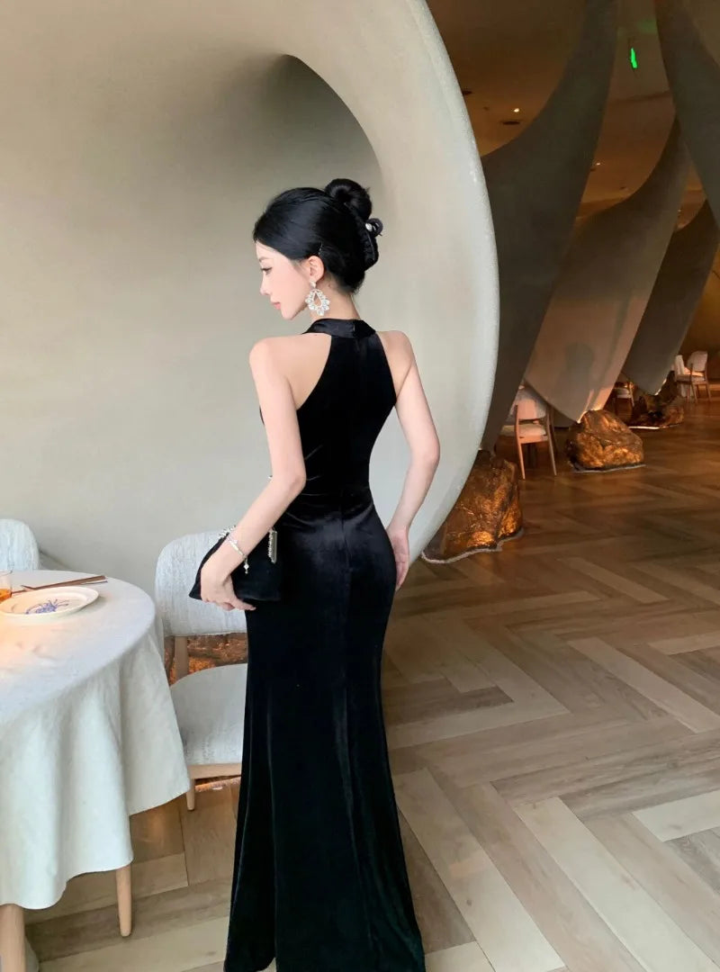 Vintage Luxurious Evening Wedding Party Black Long Dresses for Women Elegant Bodycon Mesh Patchwork Velvet Prom Female Clothing - Seprincess