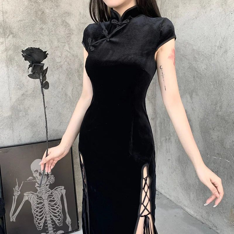 Chinese Retro Black Cheongsam Lady Elegant Evening Dresses Party Gothic Qipao Women High Split Bandage Sexy Oriental Long Dress - Seprincess