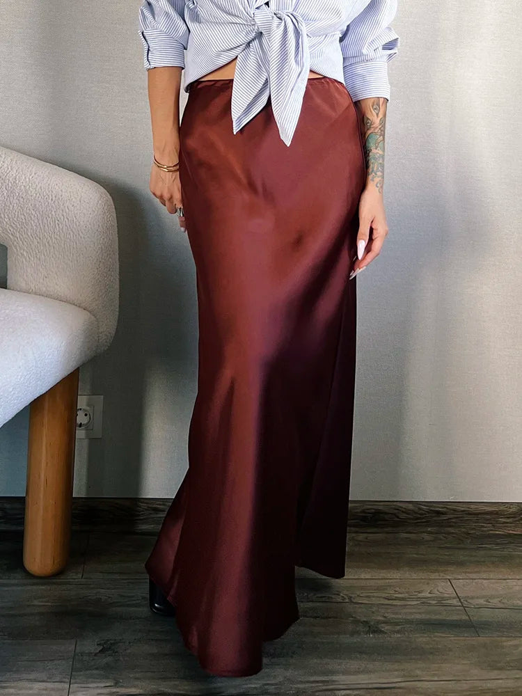 Long Black Satin Skirts For Women 2024 Autumn Winter Maxi Brown Burgundy Skirts Ladies Green Lace Up Women Satin Silk Skirt - Seprincess