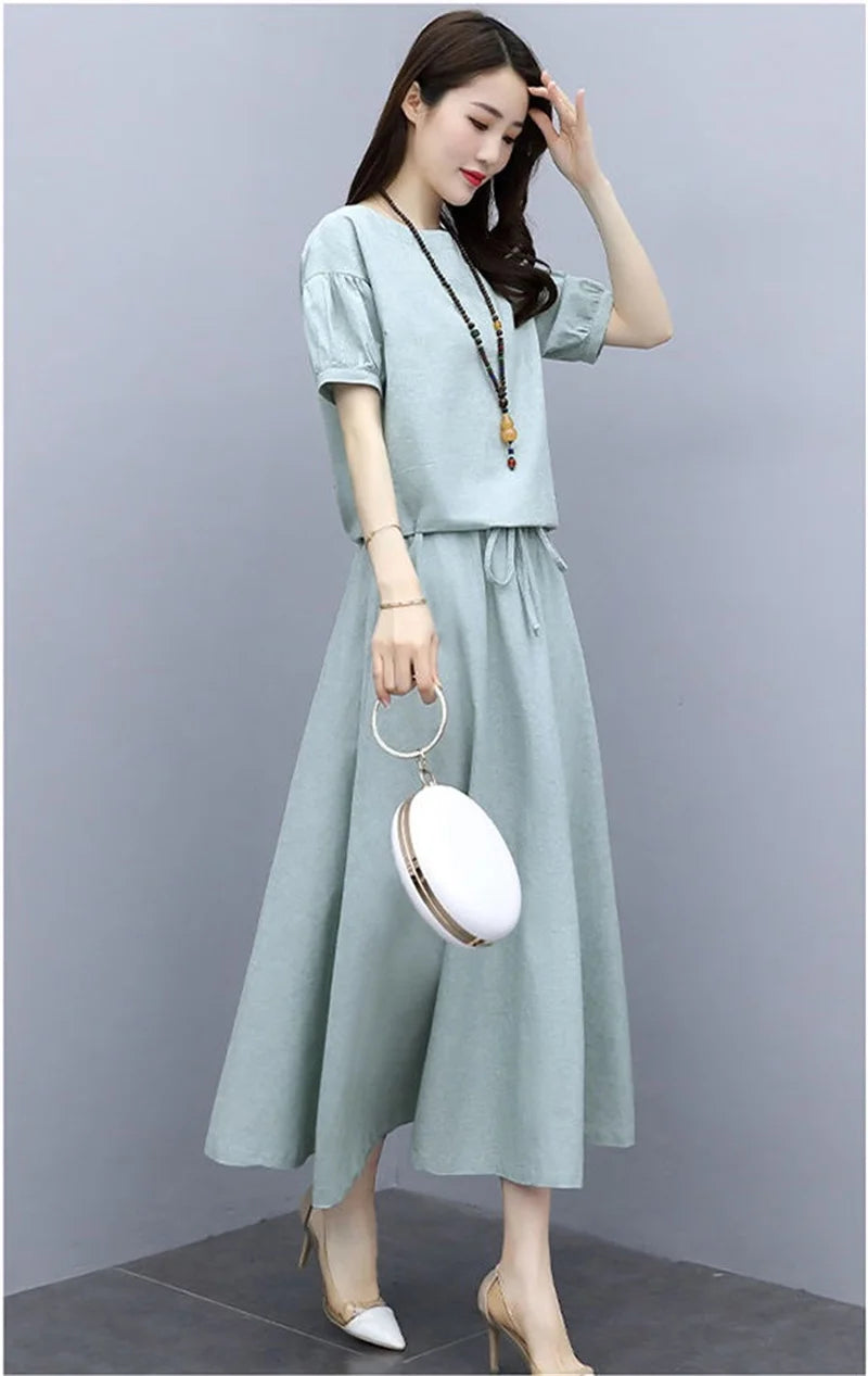 Cotton Linen Skirt Two-Piece Women's Summer 2024 New Set Slim Skirts Sleeve Suit Skirts Fashion 2PCS Temperament Female Outfit - Seprincess