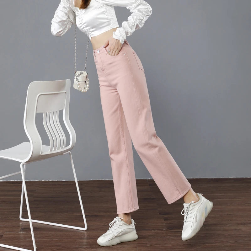 High Quality Korean Denim Jeans Women Straight Pants High Waist Thin White Pink Grey Green Trousers Ladies