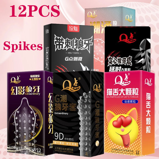 12pcs With 9D Spike Condoms For Men Sex Toys Female Climax Pleasure Men's Condoms G Spot Stimulation Penis Sleeve Adult Supplies - Seprincess