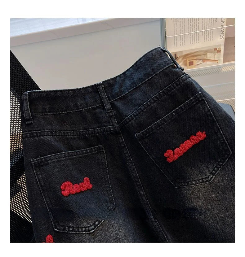 Black and Red Letter Embroidered Jeans Female Y2K Spring and Autumn New High Waist Loose Couple Casual Slim Wide Leg Mop Pants